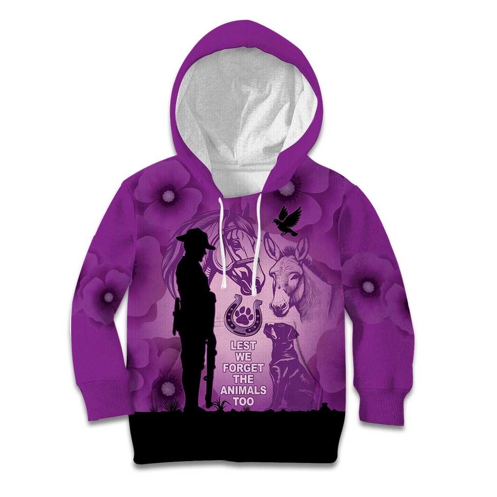 Australia Animals ANZAC Day Kid Hoodie Lest We Forget The Animals Too Purple Poppy