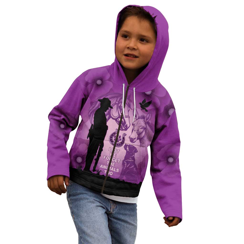 Australia Animals ANZAC Day Kid Hoodie Lest We Forget The Animals Too Purple Poppy