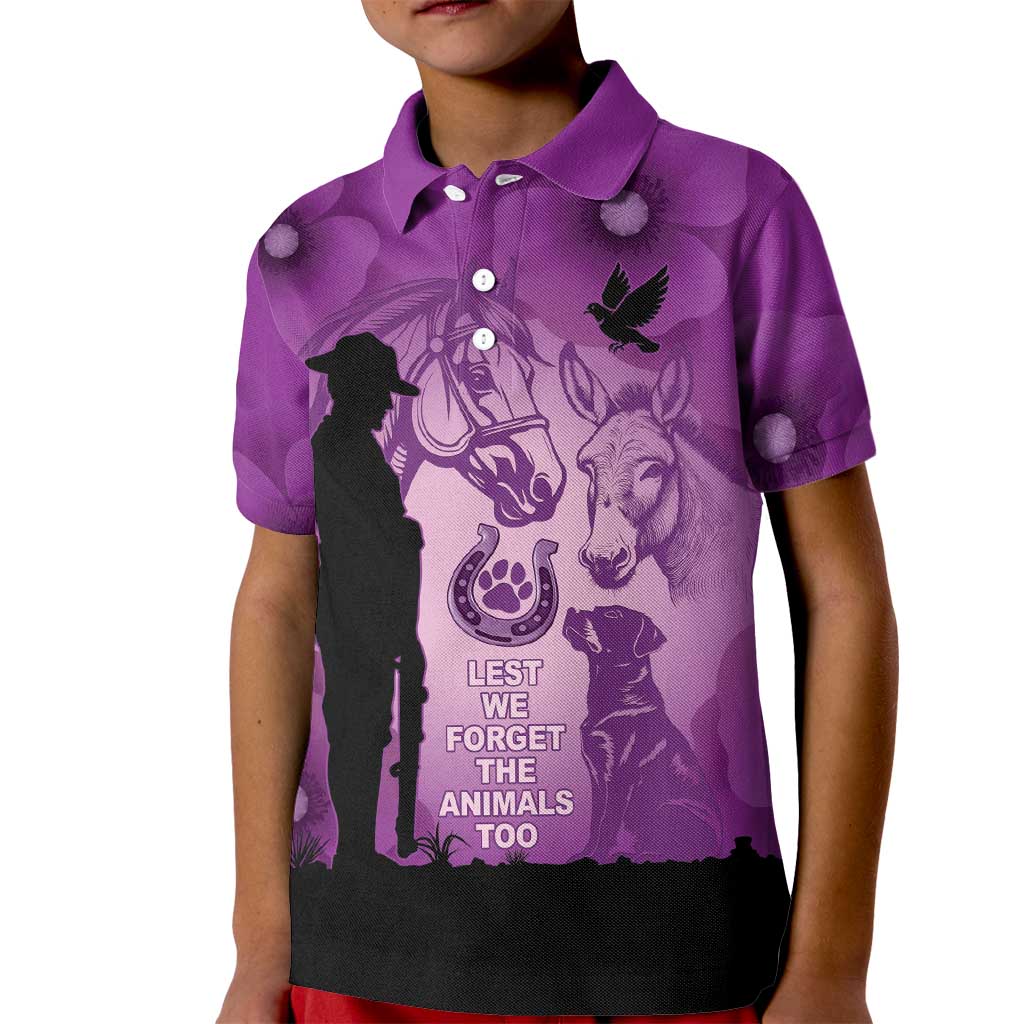 Australia Animals ANZAC Day Kid Polo Shirt Lest We Forget The Animals Too Purple Poppy