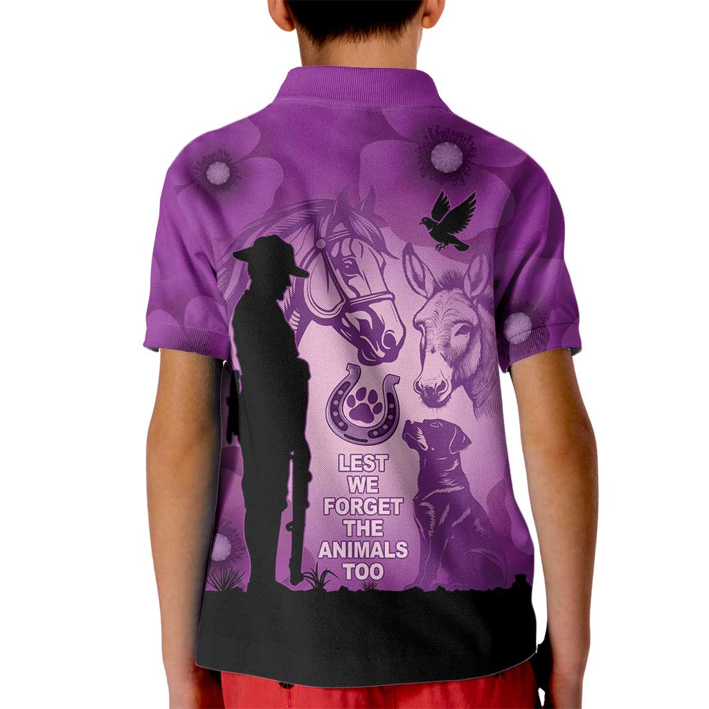 Australia Animals ANZAC Day Kid Polo Shirt Lest We Forget The Animals Too Purple Poppy
