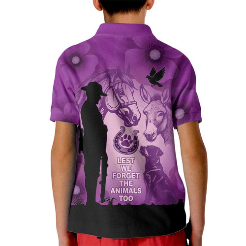 Australia Animals ANZAC Day Kid Polo Shirt Lest We Forget The Animals Too Purple Poppy