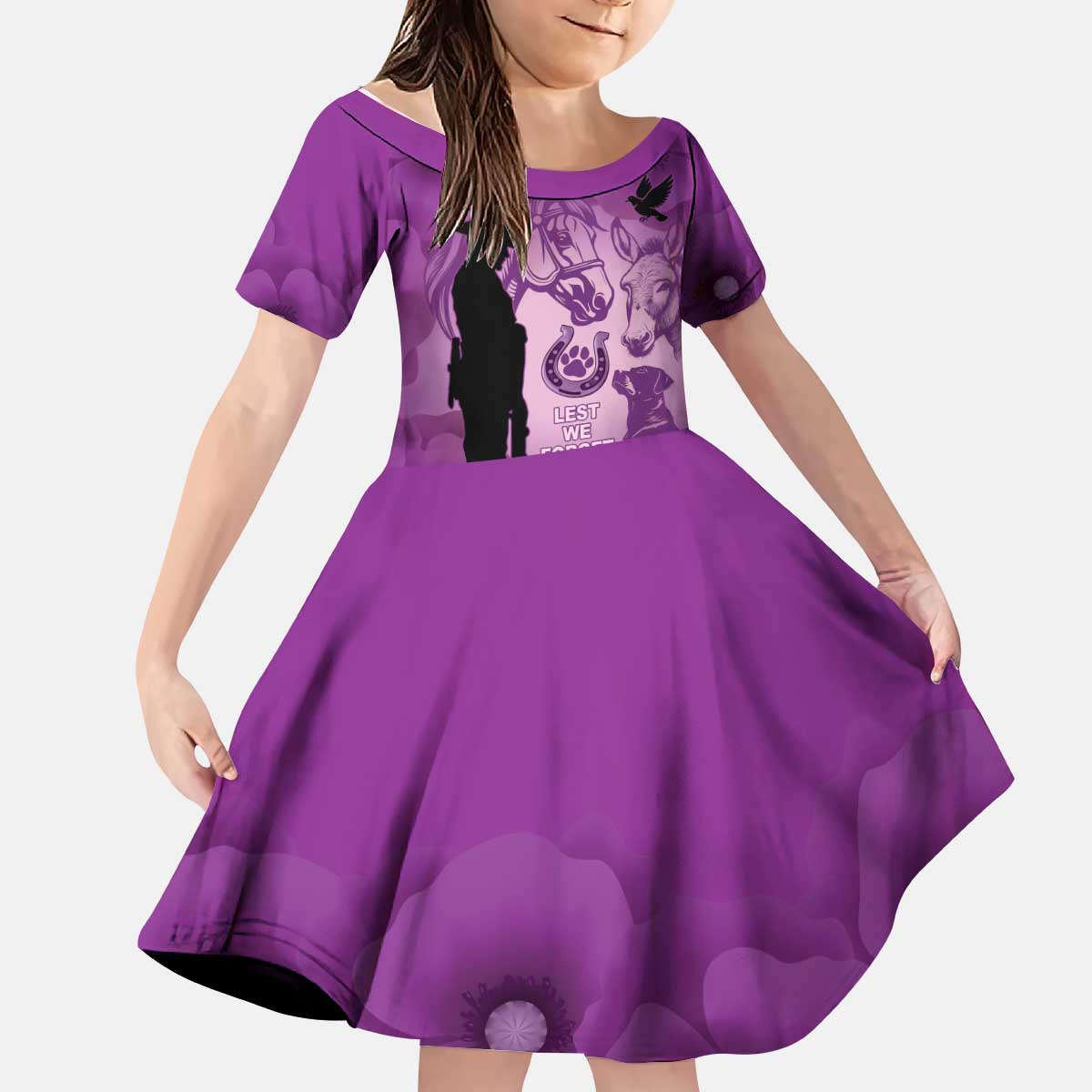 Australia Animals ANZAC Day Kid Short Sleeve Dress Lest We Forget The Animals Too Purple Poppy