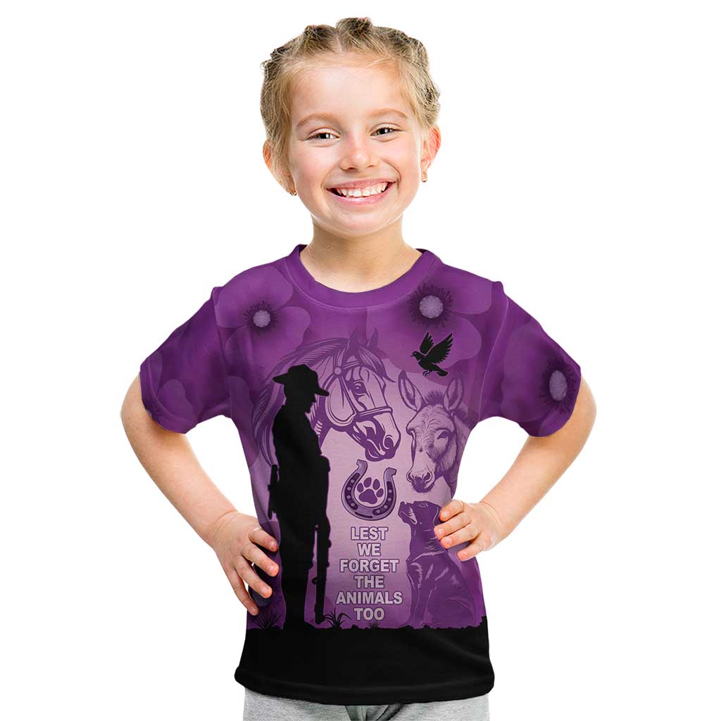 Australia Animals ANZAC Day Kid T Shirt Lest We Forget The Animals Too Purple Poppy