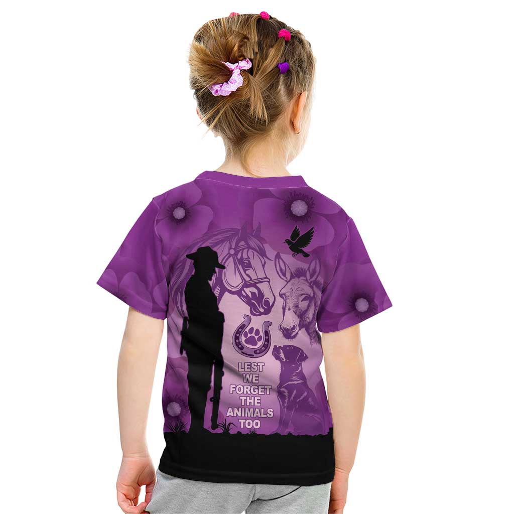 Australia Animals ANZAC Day Kid T Shirt Lest We Forget The Animals Too Purple Poppy