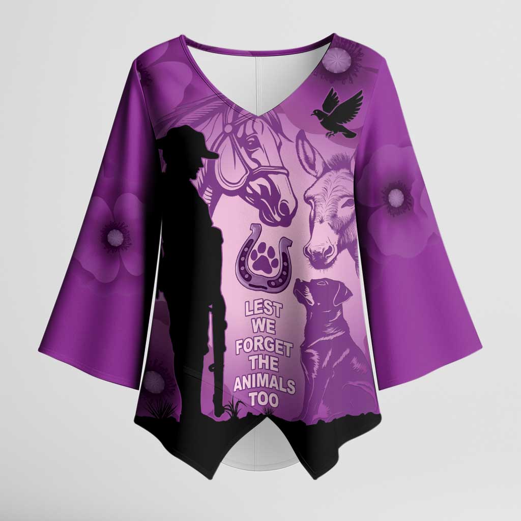Australia Animals ANZAC Day Kimono Sleeve Blouse Lest We Forget The Animals Too Purple Poppy