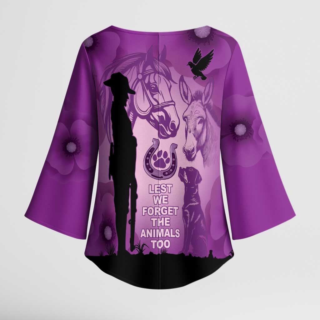 Australia Animals ANZAC Day Kimono Sleeve Blouse Lest We Forget The Animals Too Purple Poppy