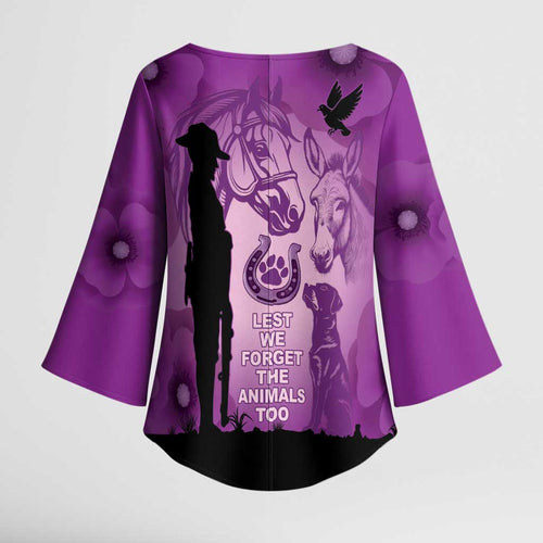 Australia Animals ANZAC Day Kimono Sleeve Blouse Lest We Forget The Animals Too Purple Poppy
