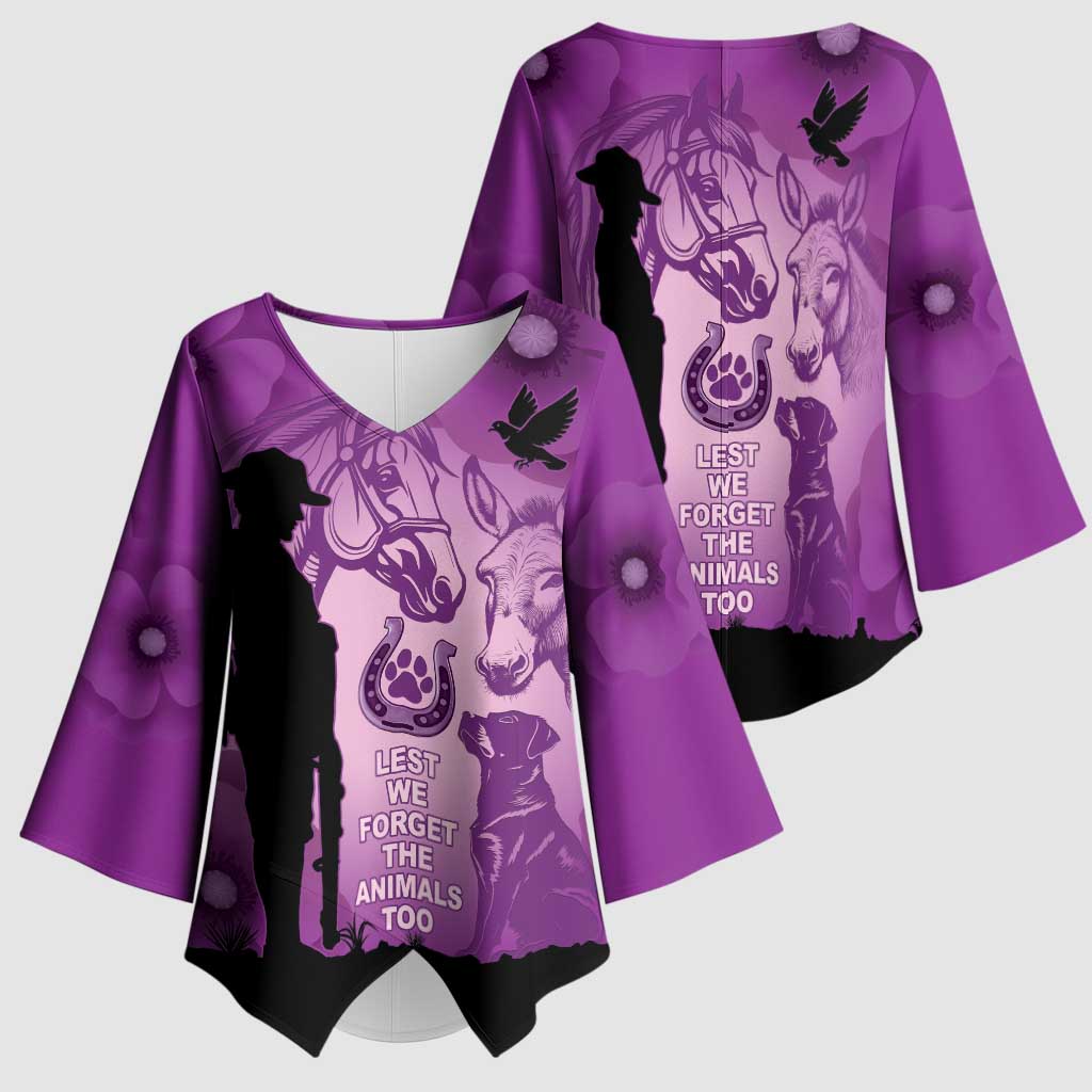 Australia Animals ANZAC Day Kimono Sleeve Blouse Lest We Forget The Animals Too Purple Poppy