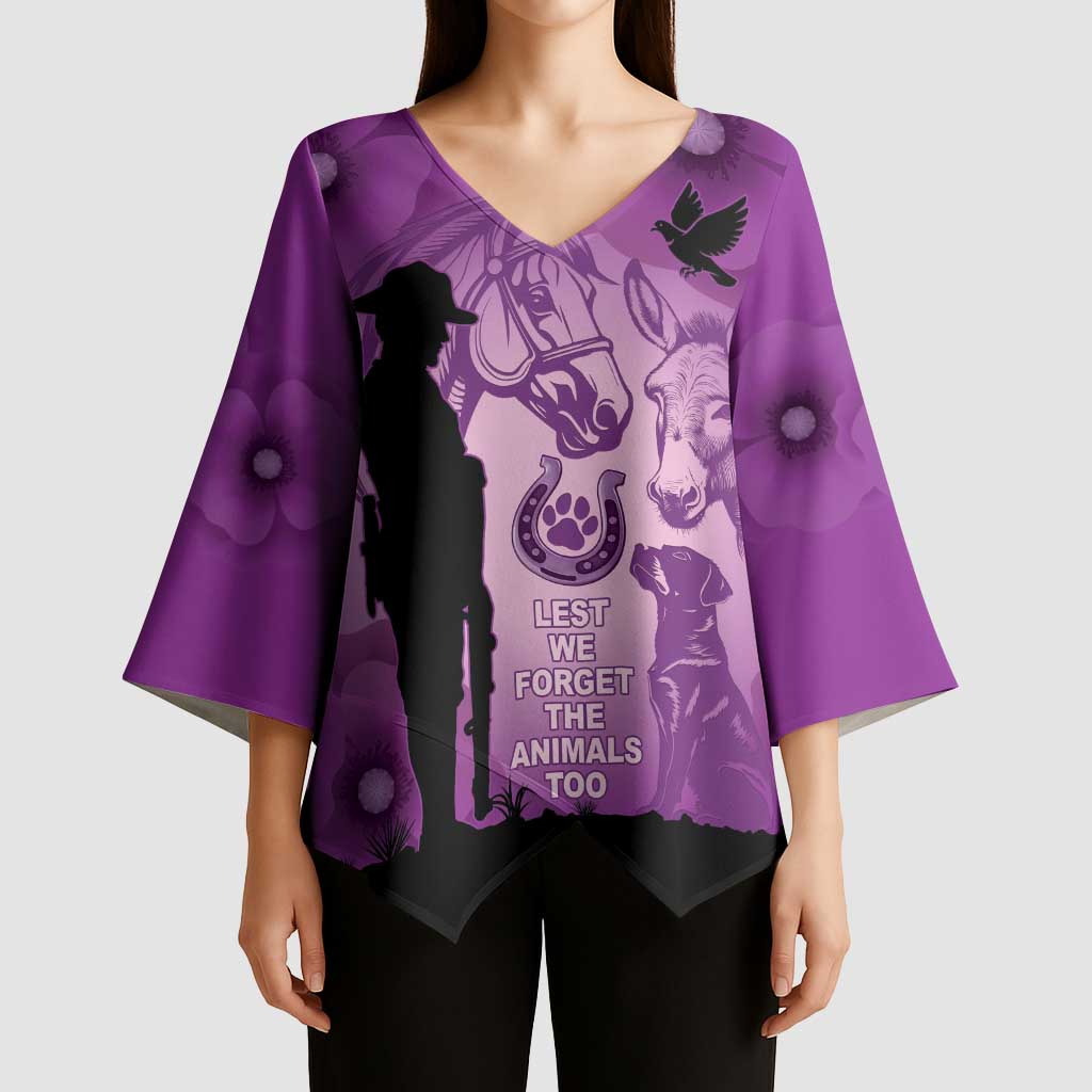 Australia Animals ANZAC Day Kimono Sleeve Blouse Lest We Forget The Animals Too Purple Poppy