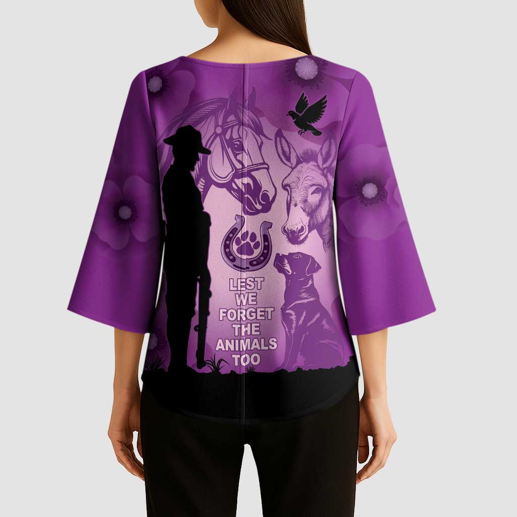Australia Animals ANZAC Day Kimono Sleeve Blouse Lest We Forget The Animals Too Purple Poppy