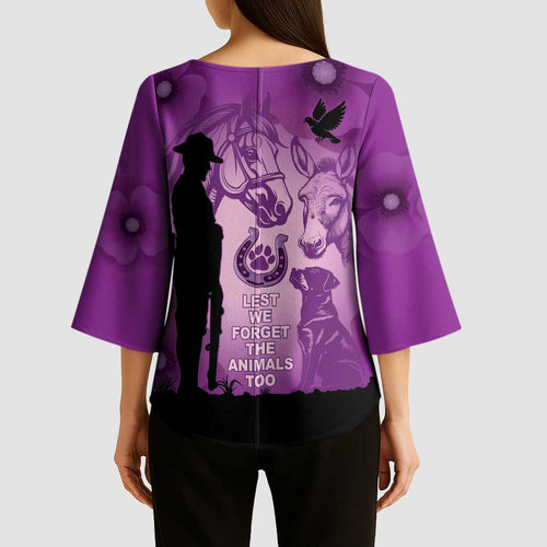 Australia Animals ANZAC Day Kimono Sleeve Blouse Lest We Forget The Animals Too Purple Poppy