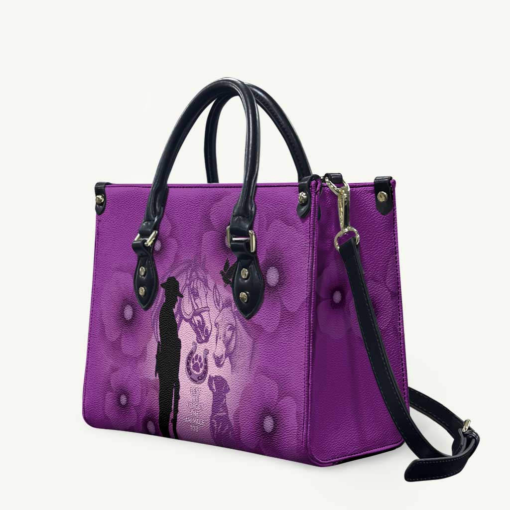 Australia Animals ANZAC Day Leather Bag Lest We Forget The Animals Too Purple Poppy
