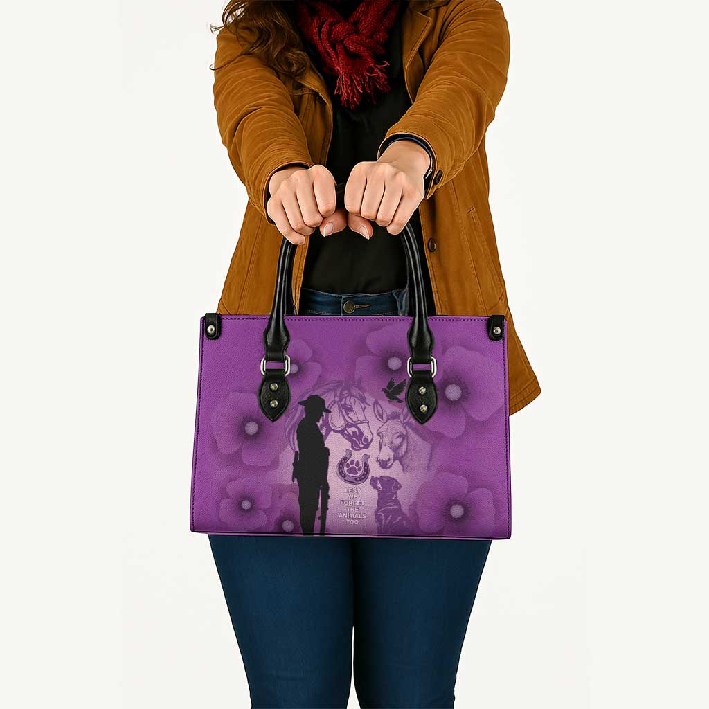 Australia Animals ANZAC Day Leather Bag Lest We Forget The Animals Too Purple Poppy