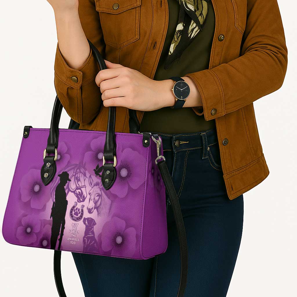 Australia Animals ANZAC Day Leather Bag Lest We Forget The Animals Too Purple Poppy