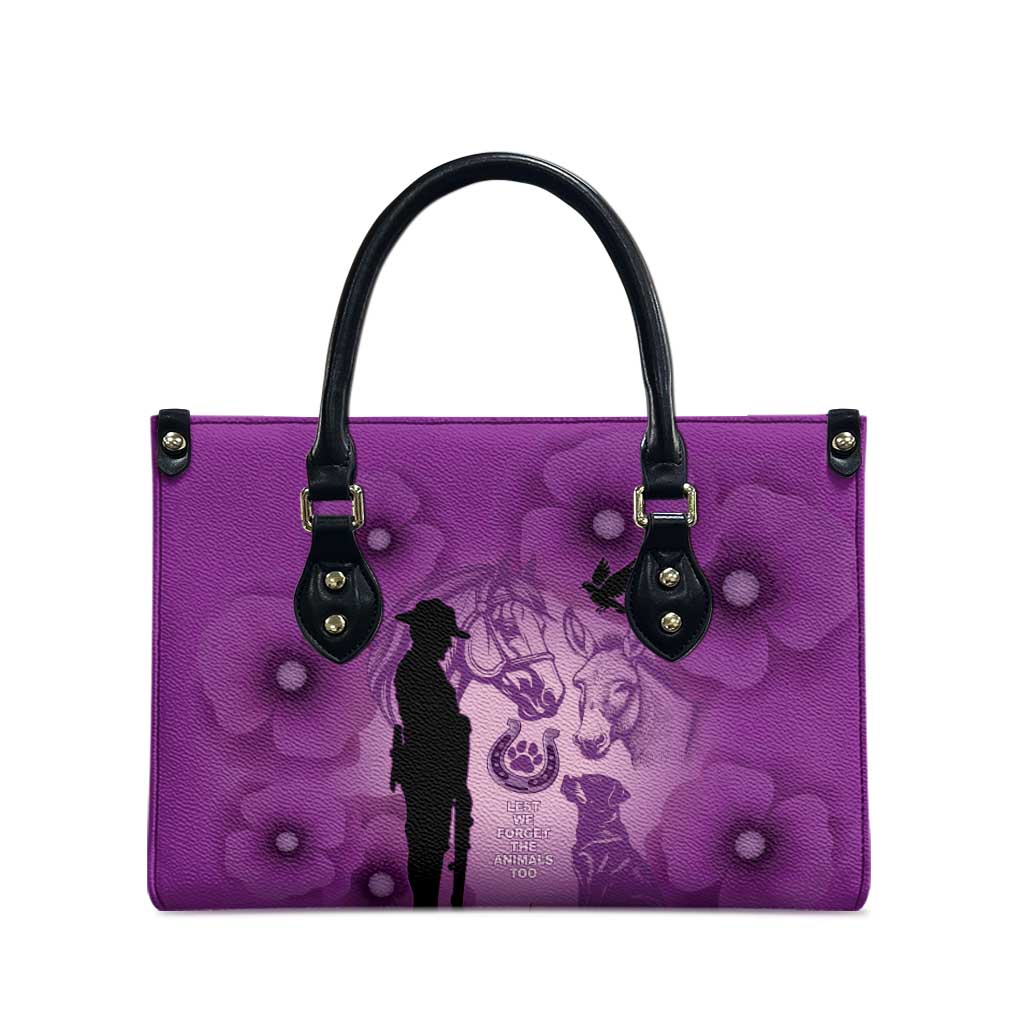 Australia Animals ANZAC Day Leather Bag Lest We Forget The Animals Too Purple Poppy