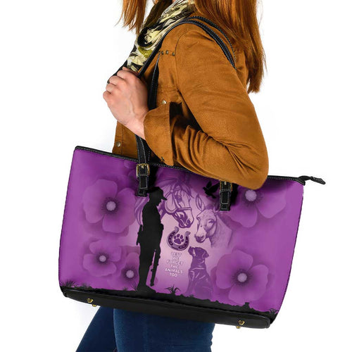 Australia Animals ANZAC Day Leather Tote Bag Lest We Forget The Animals Too Purple Poppy