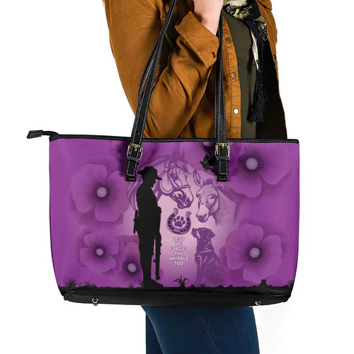 Australia Animals ANZAC Day Leather Tote Bag Lest We Forget The Animals Too Purple Poppy