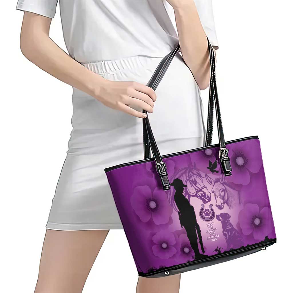 Australia Animals ANZAC Day Leather Tote Bag Lest We Forget The Animals Too Purple Poppy