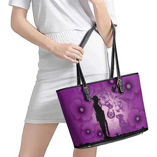 Australia Animals ANZAC Day Leather Tote Bag Lest We Forget The Animals Too Purple Poppy