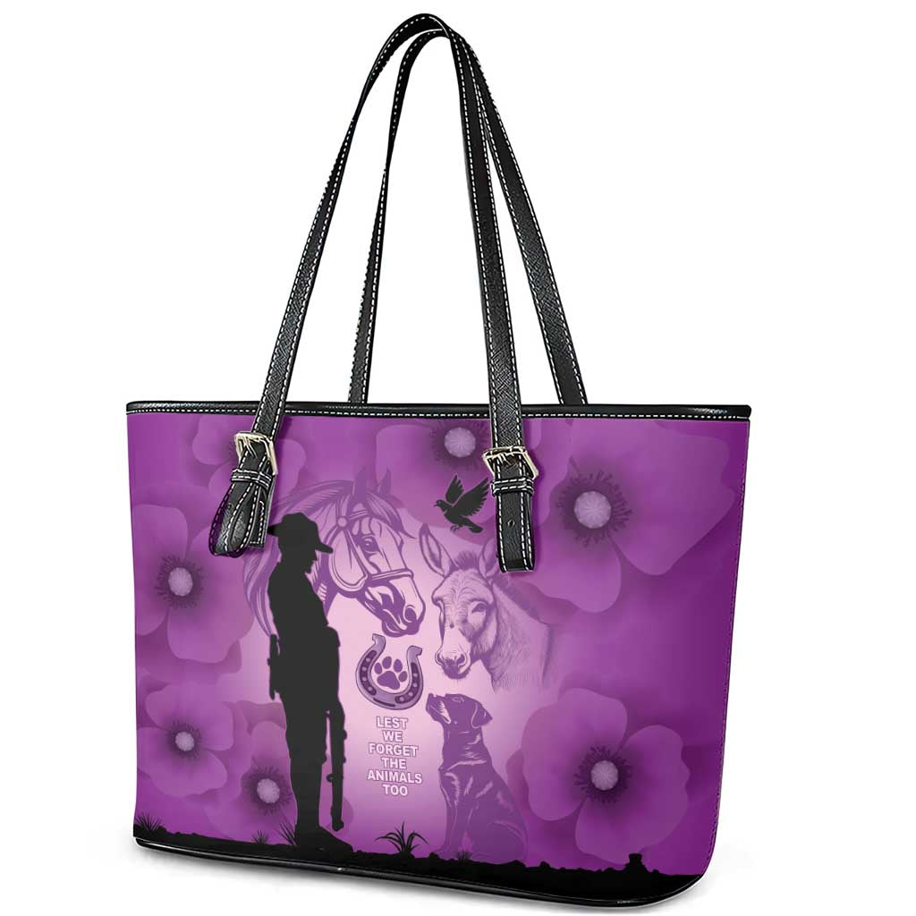 Australia Animals ANZAC Day Leather Tote Bag Lest We Forget The Animals Too Purple Poppy