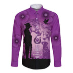 Australia Animals ANZAC Day Long Sleeve Button Shirt Lest We Forget The Animals Too Purple Poppy