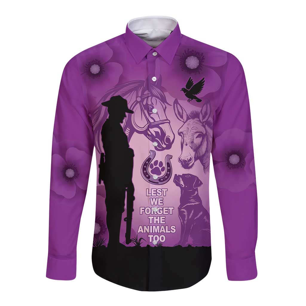 Australia Animals ANZAC Day Long Sleeve Button Shirt Lest We Forget The Animals Too Purple Poppy
