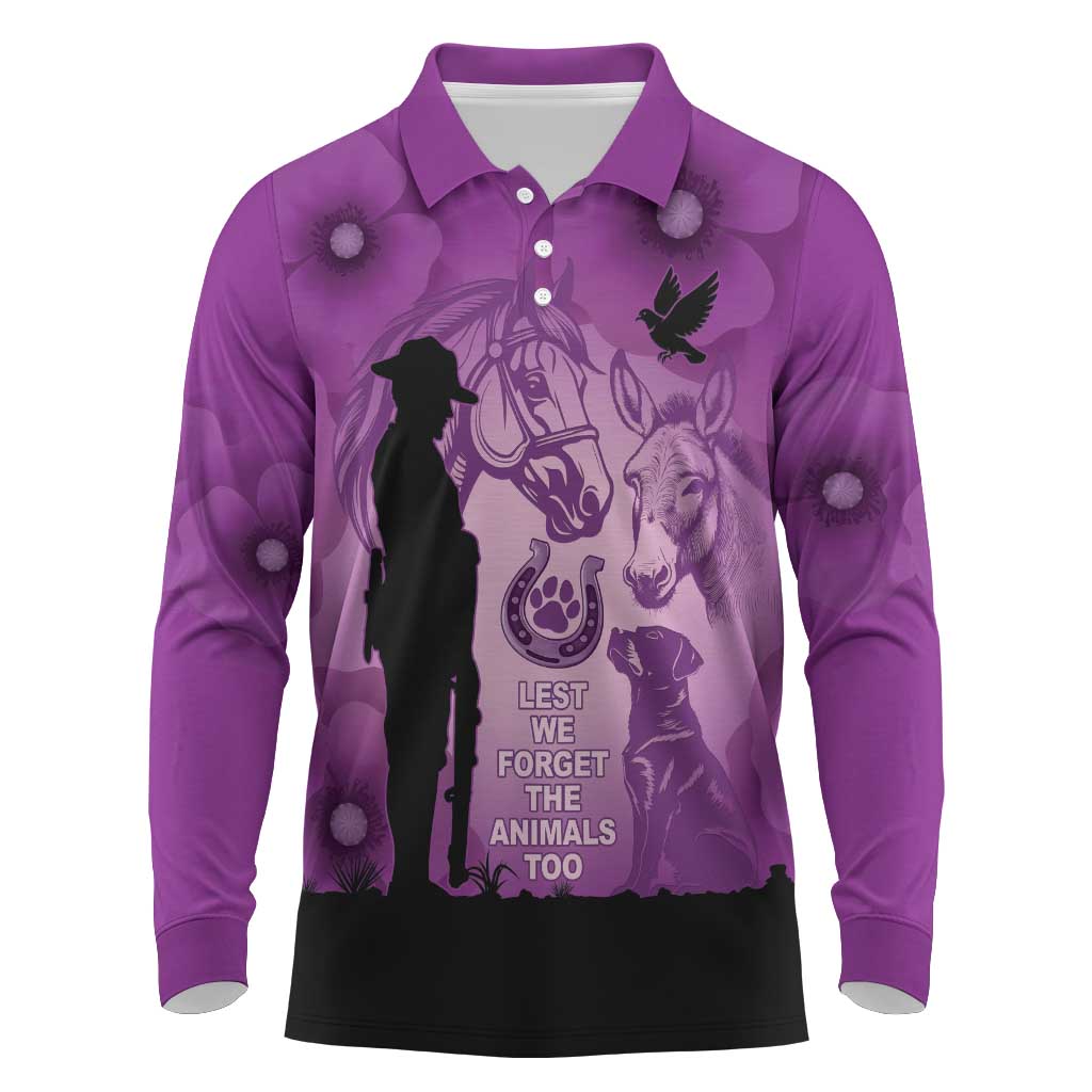 Australia Animals ANZAC Day Long Sleeve Polo Shirt Lest We Forget The Animals Too Purple Poppy