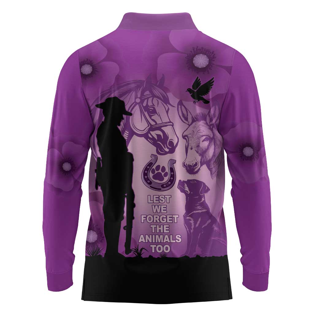 Australia Animals ANZAC Day Long Sleeve Polo Shirt Lest We Forget The Animals Too Purple Poppy