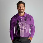 Australia Animals ANZAC Day Long Sleeve Polo Shirt Lest We Forget The Animals Too Purple Poppy