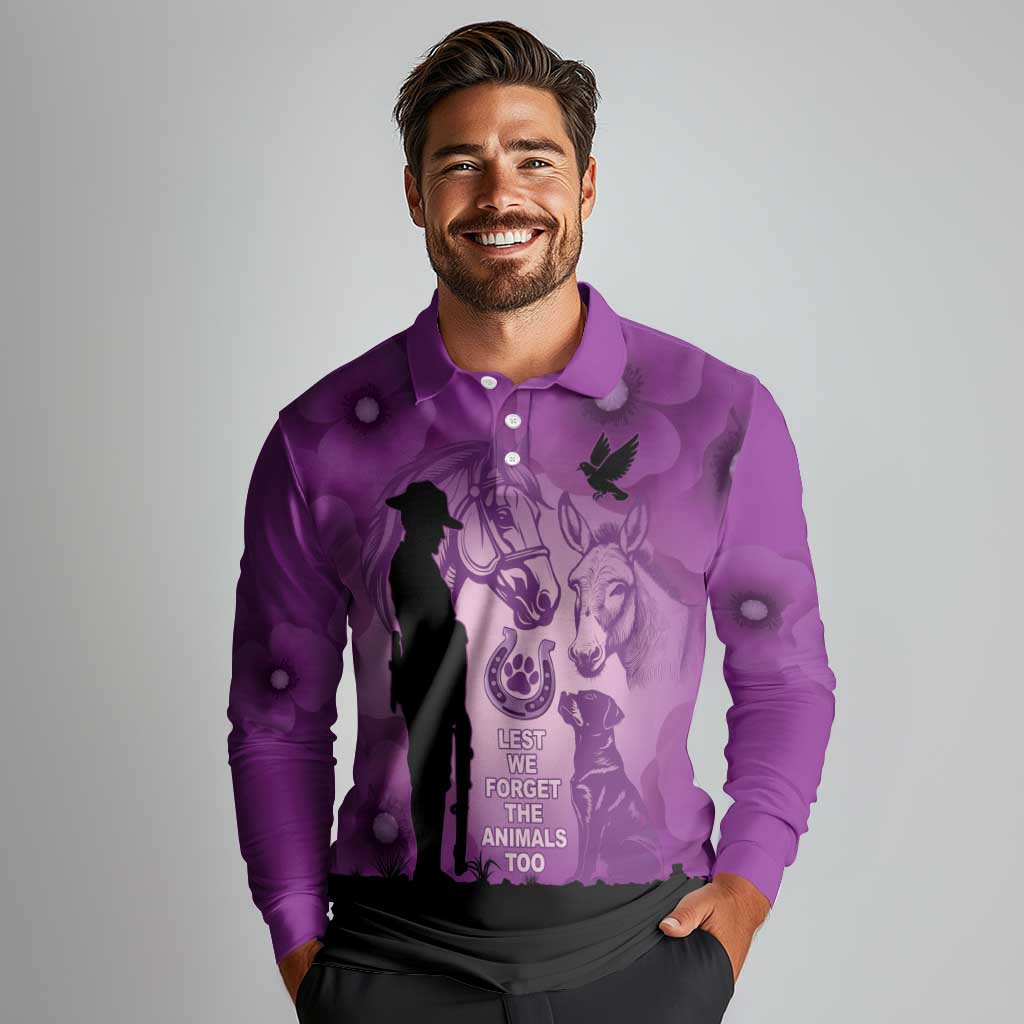 Australia Animals ANZAC Day Long Sleeve Polo Shirt Lest We Forget The Animals Too Purple Poppy