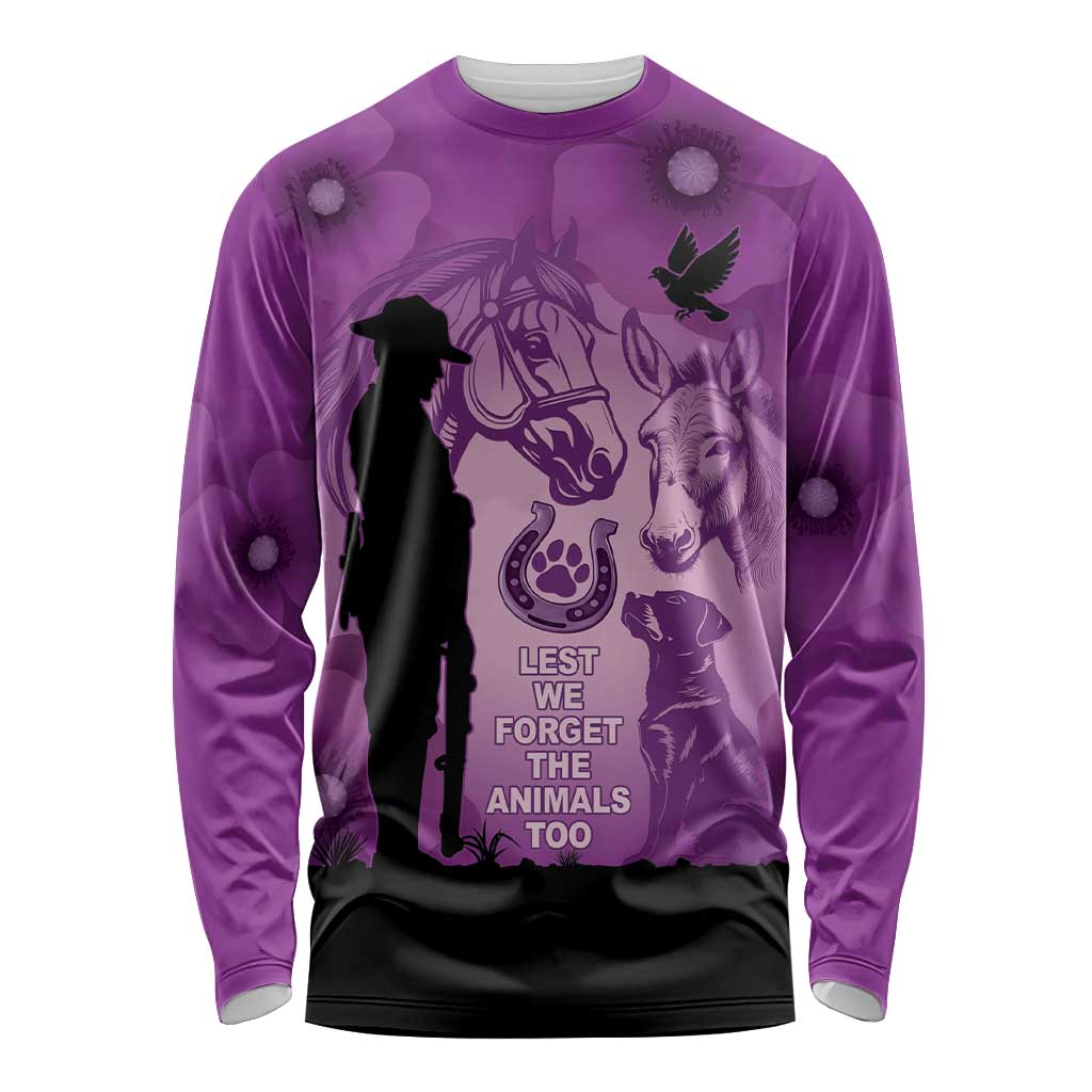 Australia Animals ANZAC Day Long Sleeve Shirt Lest We Forget The Animals Too Purple Poppy