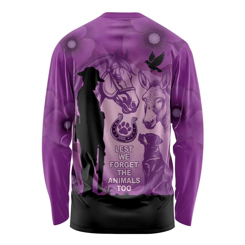 Australia Animals ANZAC Day Long Sleeve Shirt Lest We Forget The Animals Too Purple Poppy