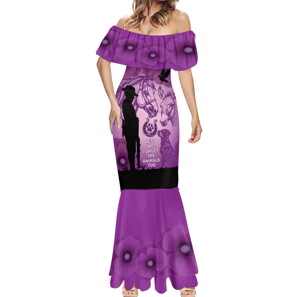 Australia Animals ANZAC Day Mermaid Dress Lest We Forget The Animals Too Purple Poppy