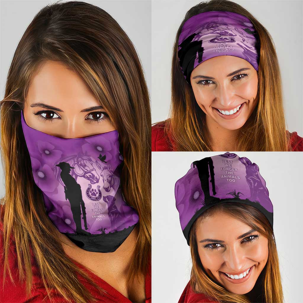 Australia Animals ANZAC Day Neck Gaiter Lest We Forget The Animals Too Purple Poppy