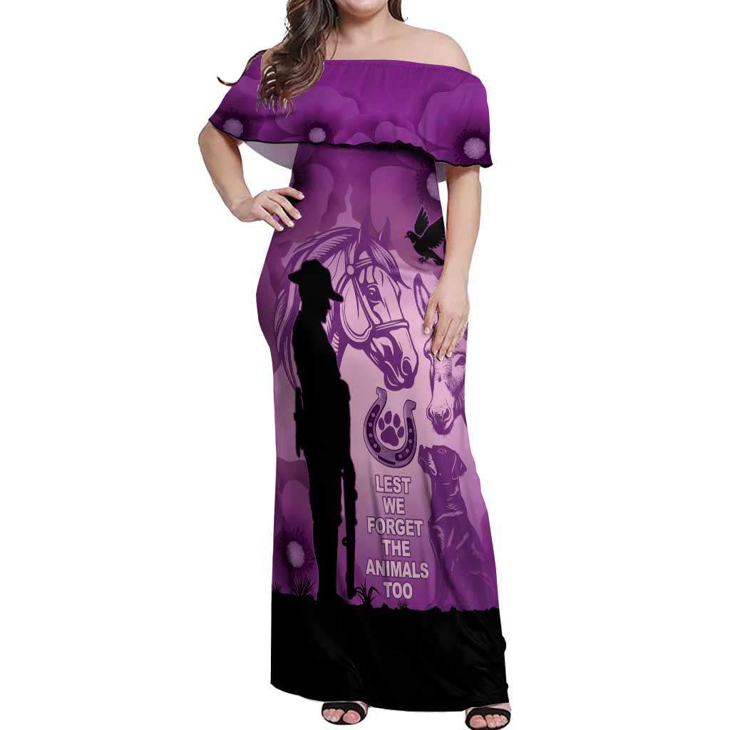 Australia Animals ANZAC Day Off Shoulder Maxi Dress Lest We Forget The Animals Too Purple Poppy