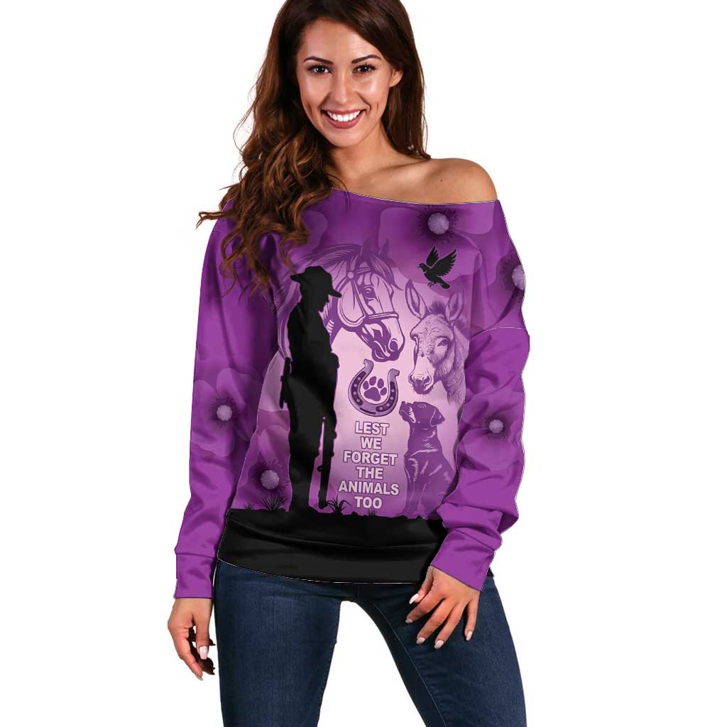 Australia Animals ANZAC Day Off Shoulder Sweater Lest We Forget The Animals Too Purple Poppy