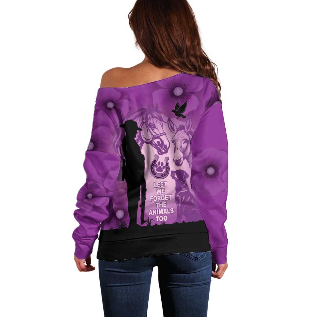 Australia Animals ANZAC Day Off Shoulder Sweater Lest We Forget The Animals Too Purple Poppy