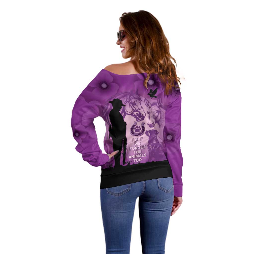 Australia Animals ANZAC Day Off Shoulder Sweater Lest We Forget The Animals Too Purple Poppy