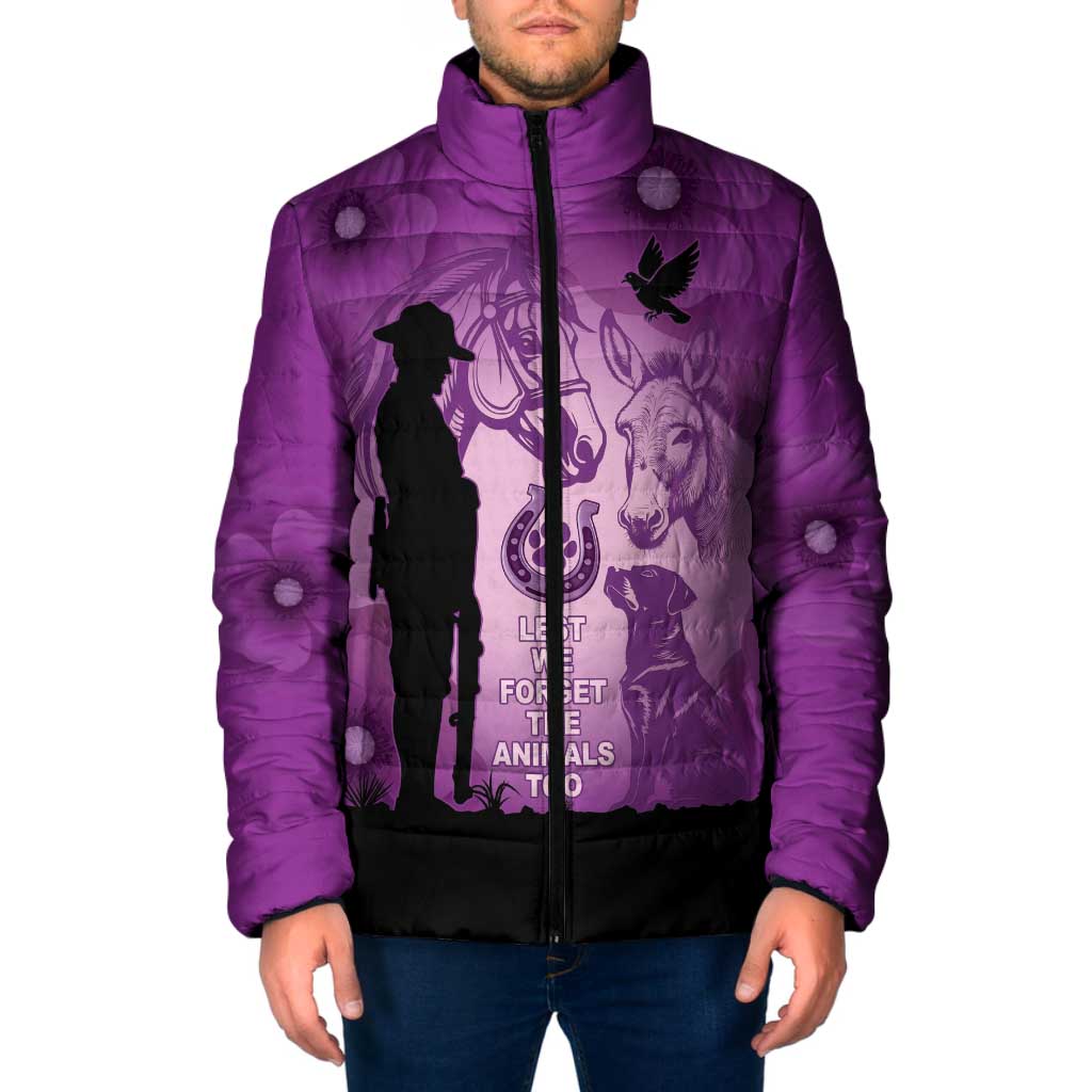 Australia Animals ANZAC Day Padded Jacket Lest We Forget The Animals Too Purple Poppy