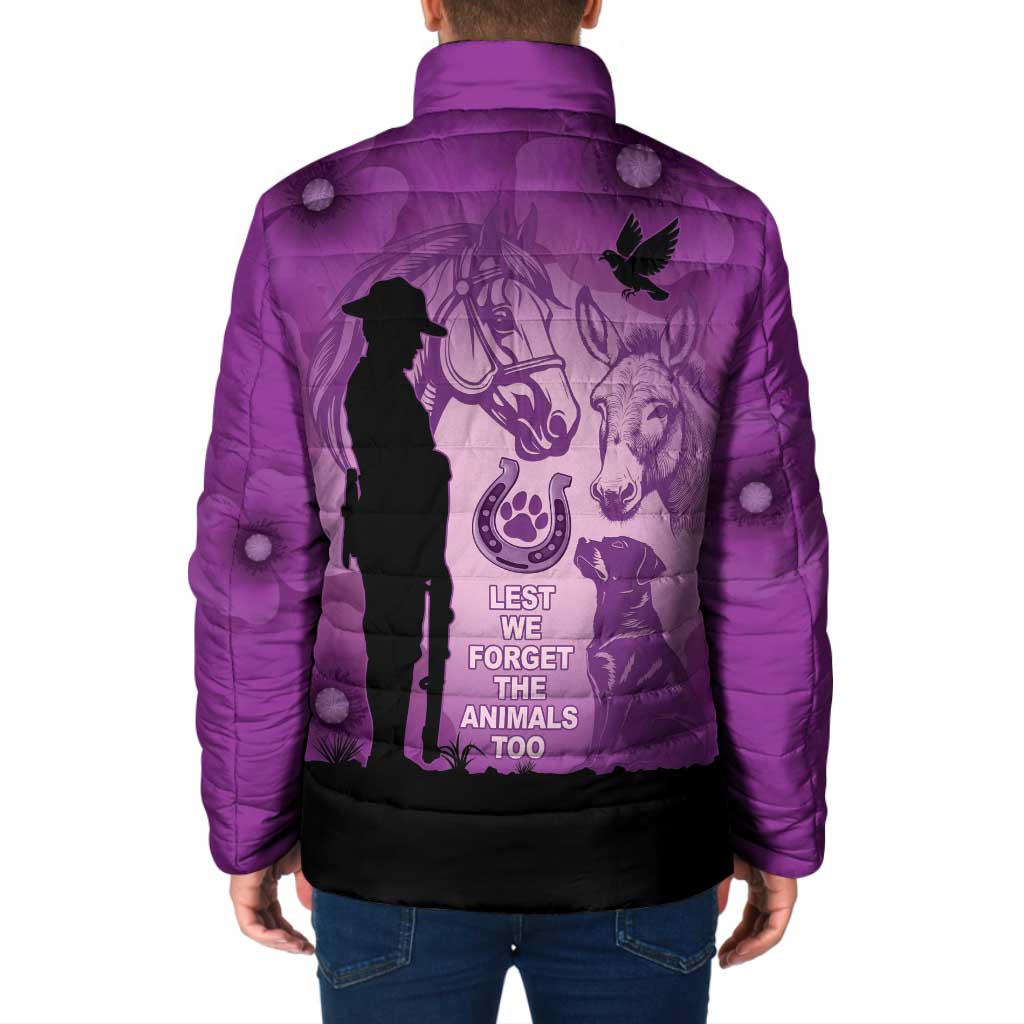 Australia Animals ANZAC Day Padded Jacket Lest We Forget The Animals Too Purple Poppy