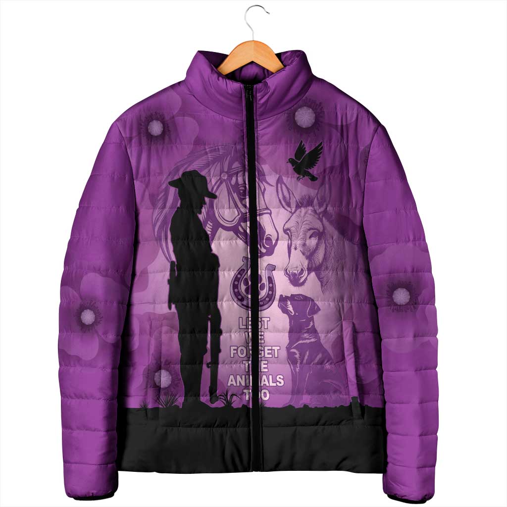 Australia Animals ANZAC Day Padded Jacket Lest We Forget The Animals Too Purple Poppy