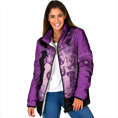 Australia Animals ANZAC Day Padded Jacket Lest We Forget The Animals Too Purple Poppy
