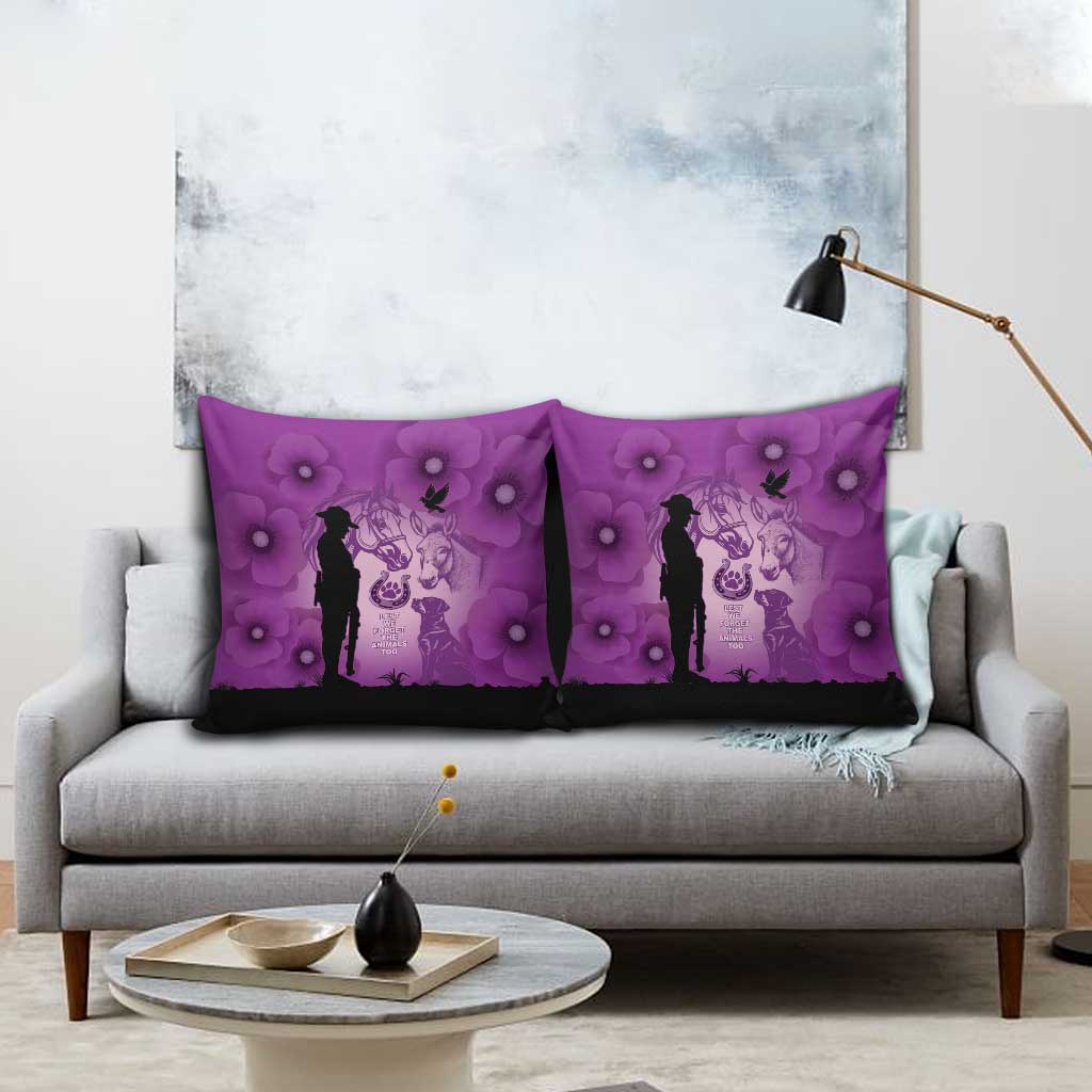 Australia Animals ANZAC Day Pillow Cover Lest We Forget The Animals Too Purple Poppy