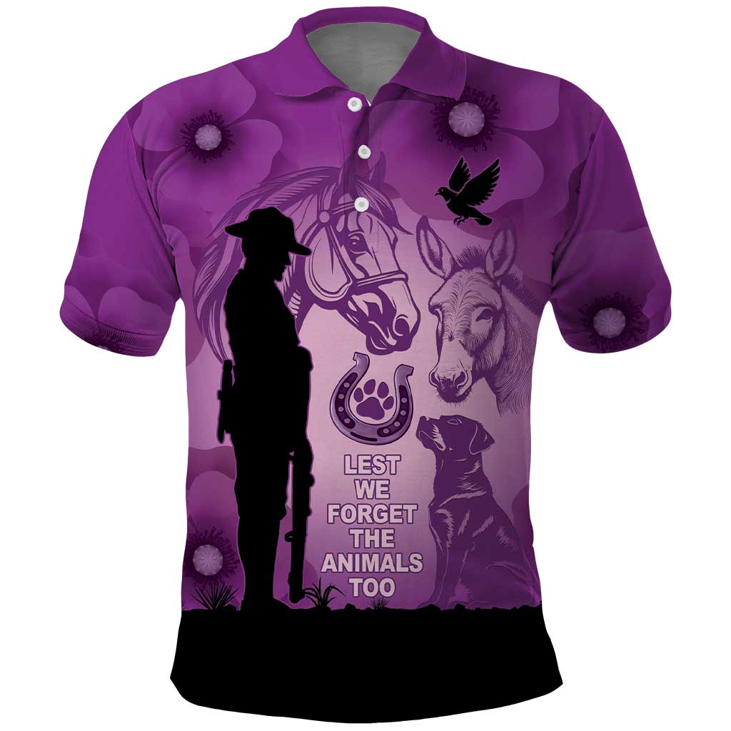 Australia Animals ANZAC Day Polo Shirt Lest We Forget The Animals Too Purple Poppy