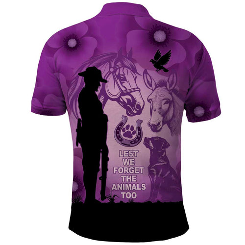 Australia Animals ANZAC Day Polo Shirt Lest We Forget The Animals Too Purple Poppy