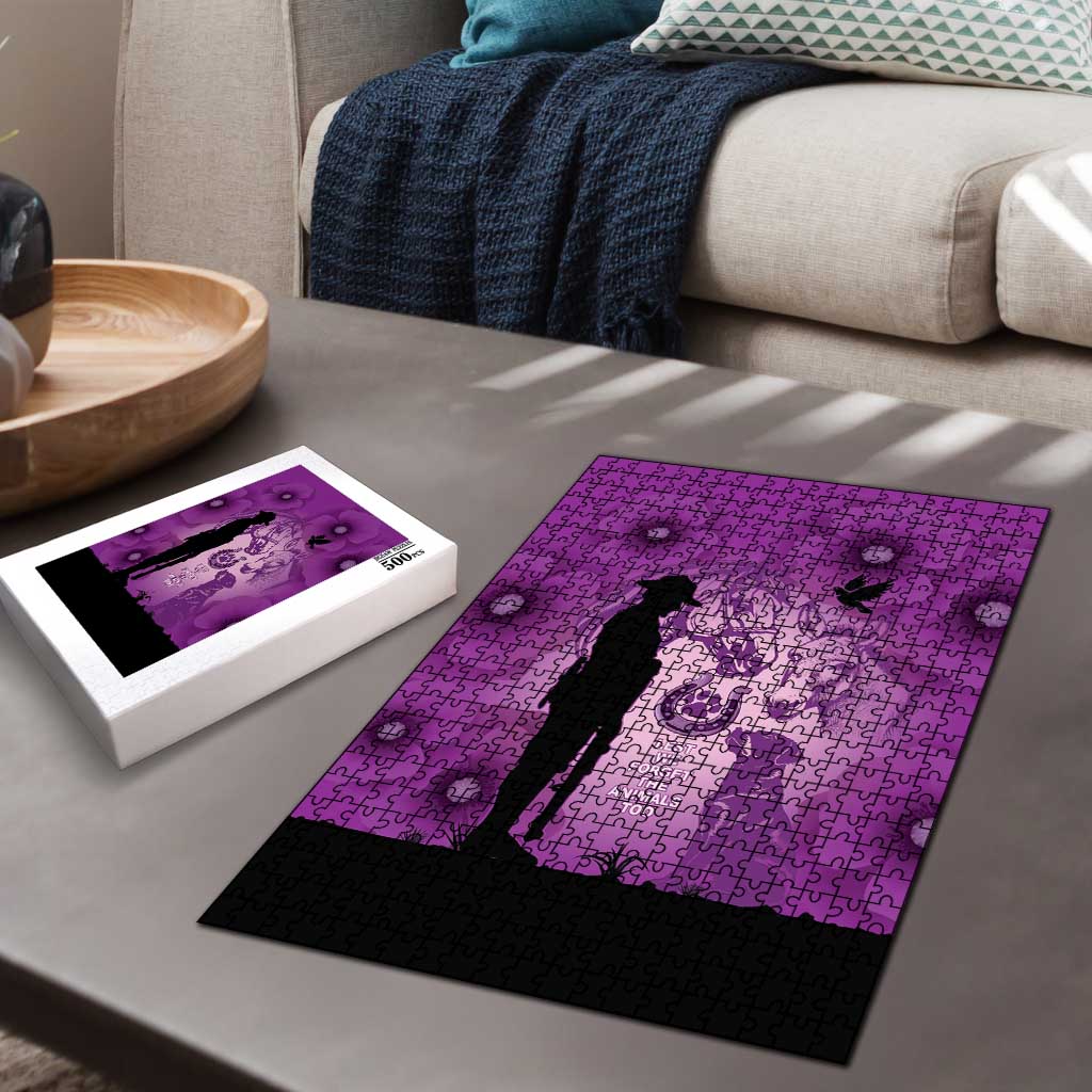 Australia Animals ANZAC Day Puzzle Lest We Forget The Animals Too Purple Poppy