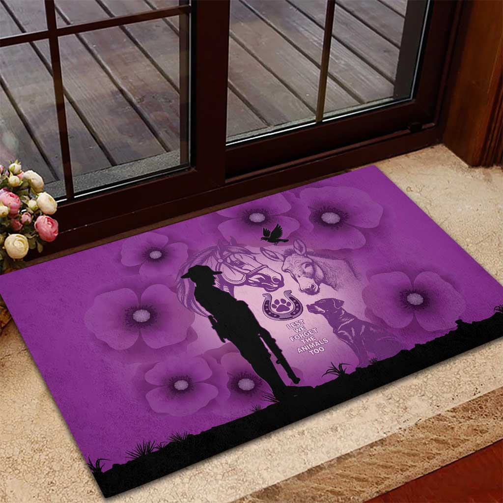 Australia Animals ANZAC Day Rubber Doormat Lest We Forget The Animals Too Purple Poppy