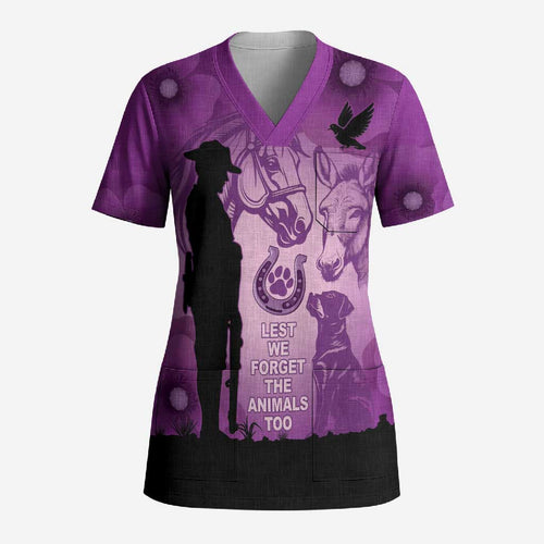 Australia Animals ANZAC Day Scrub Top Lest We Forget The Animals Too Purple Poppy