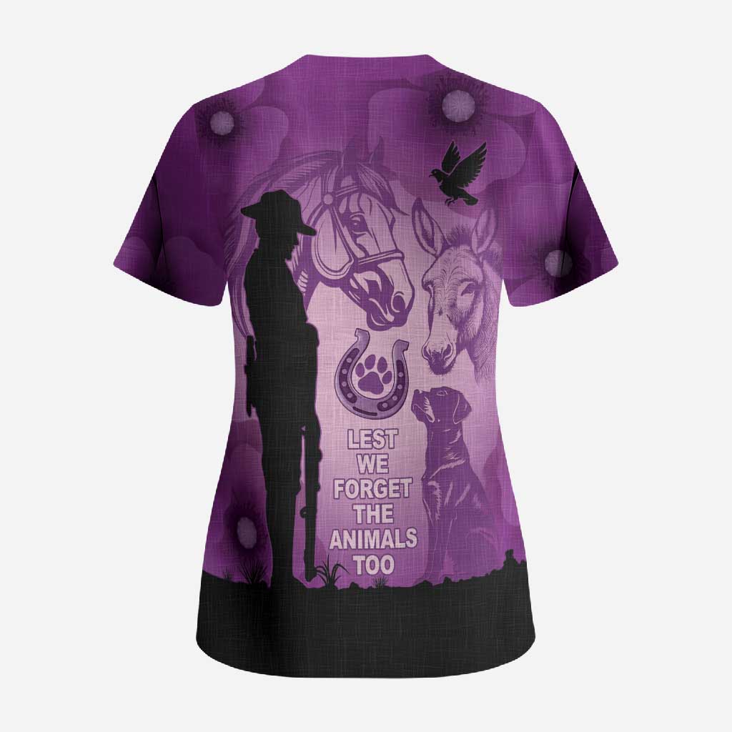 Australia Animals ANZAC Day Scrub Top Lest We Forget The Animals Too Purple Poppy
