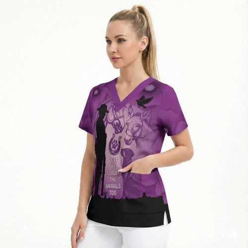 Australia Animals ANZAC Day Scrub Top Lest We Forget The Animals Too Purple Poppy